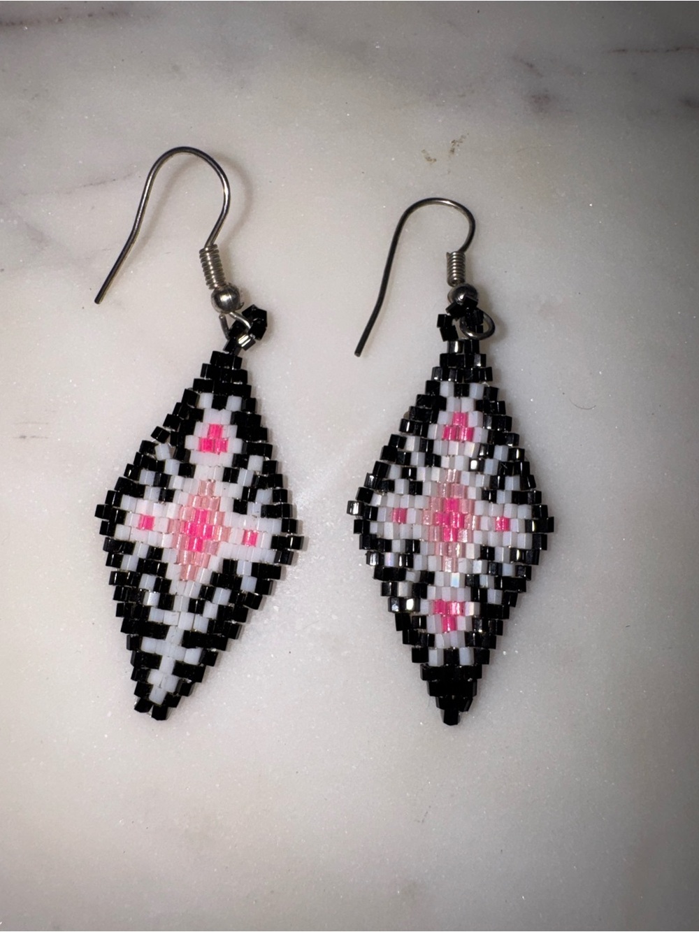 Handmade Indian Black, White & Pink Beaded Diamond Earrings